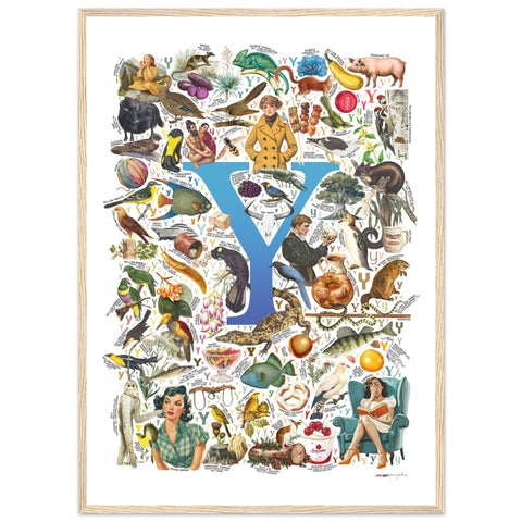 "Y is for Yonder" — a Renard Roux alphabet poster with English Y words (blue version)