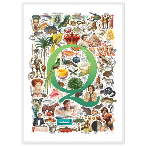 "Q is for Quest" — a Renard Roux alphabet poster with English Q words (green version)
