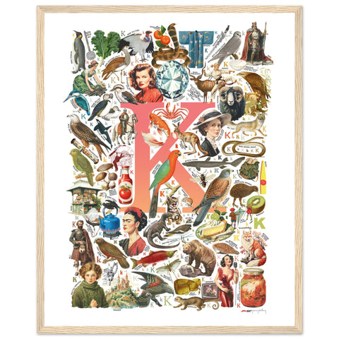 "K is for Keen" — a Renard Roux alphabet poster with English K words (red version)