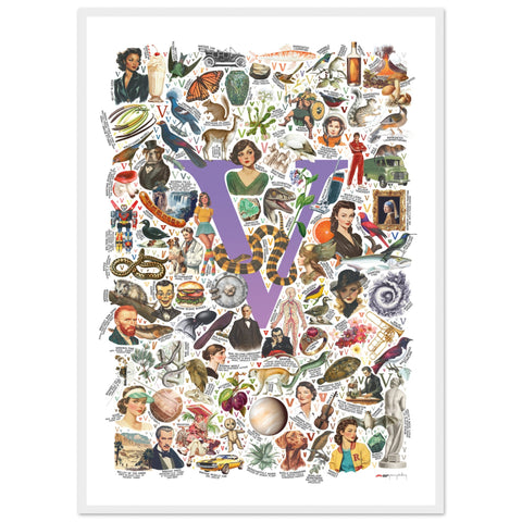 "V is for Voyage" — a Renard Roux alphabet poster with English V words (purple version)