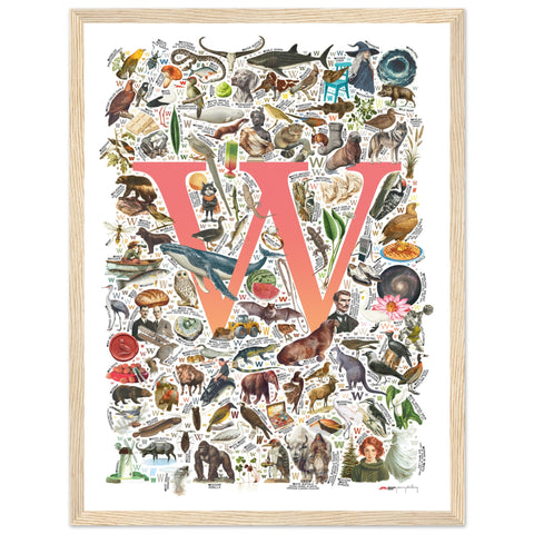 "W is for Wonder" — a Renard Roux alphabet poster with English W words (red version)