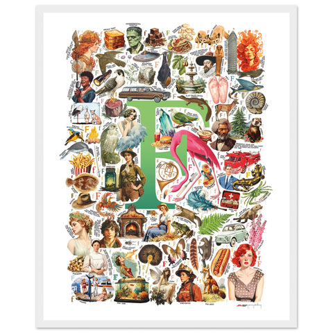 "F is for Festive" — a Renard Roux alphabet poster with English F words (green version)