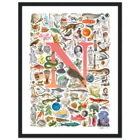 "N is for Nature" — a Renard Roux alphabet poster with English N words (red version)