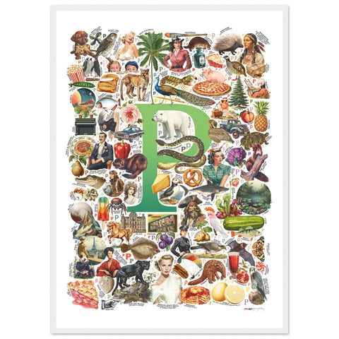 "P is for Pioneer" — a Renard Roux alphabet poster with English P words (green version)