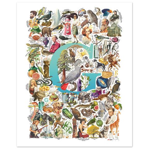 "G is for Great" — a Renard Roux alphabet poster with English G words (turquoise version)