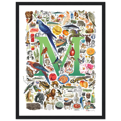 "M is for Magical" — a Renard Roux alphabet poster with English M words (green version)