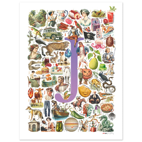 "J is for Journey" — a Renard Roux alphabet poster with English J words (purple version)