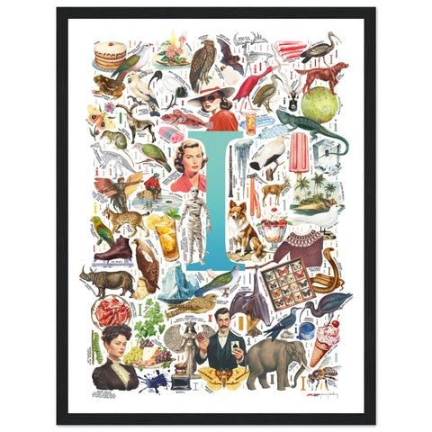 "I is for Imagination" — a Renard Roux alphabet poster with English I words (turquoise version)