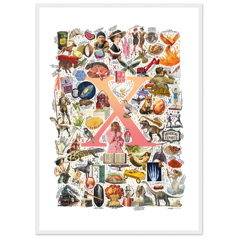 "X is for Xanadu" — a Renard Roux alphabet poster with English X words (red version)