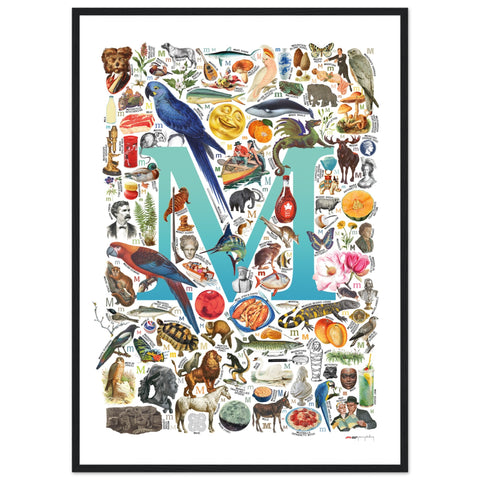 "M is for Magical" — a Renard Roux alphabet poster with English M words (turquoise version)
