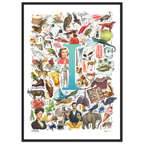 "I is for Imagination" — a Renard Roux alphabet poster with English I words (turquoise version)