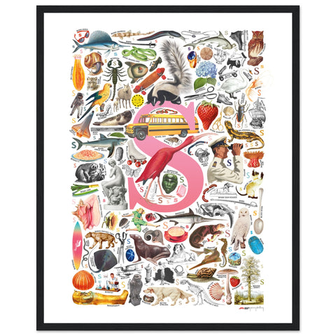 "S is for Surprise" — a Renard Roux alphabet poster with English S words (pink version)