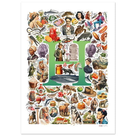 "H is for Heroes" — a Renard Roux alphabet poster with English H words (green version)
