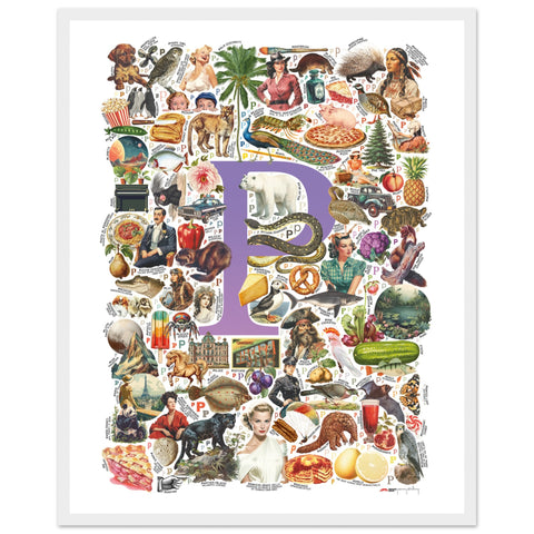 "P is for Pioneer" — a Renard Roux alphabet poster with English P words (purple version)