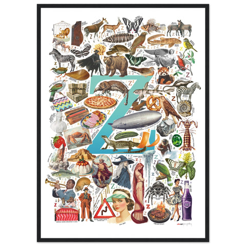 "Z is for Zenith" — a Renard Roux alphabet poster with English Z words (turquoise version)