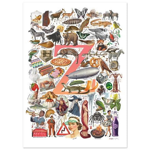 "Z is for Zenith" — a Renard Roux alphabet poster with English Z words (red version)