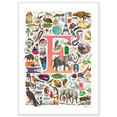 "E is for Explore" — a Renard Roux alphabet poster with English E words (red version)