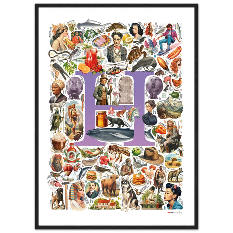 "H is for Heroes" — a Renard Roux alphabet poster with English H words (purple version)