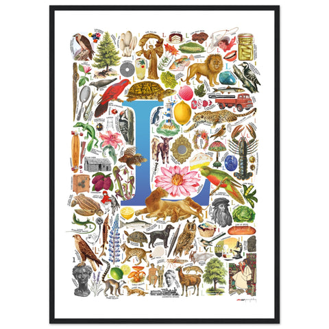 "L is for Learning" — a Renard Roux alphabet poster with English L words (blue version)