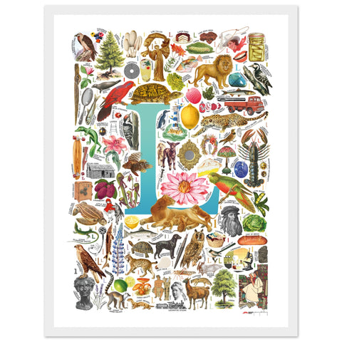 "L is for Learning" — a Renard Roux alphabet poster with English L words (turquoise version)