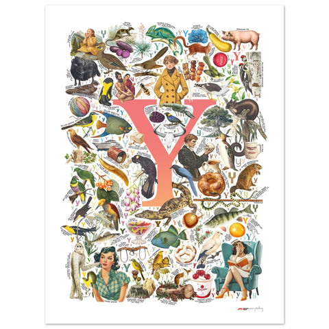 "Y is for Yonder" — a Renard Roux alphabet poster with English Y words (red version)