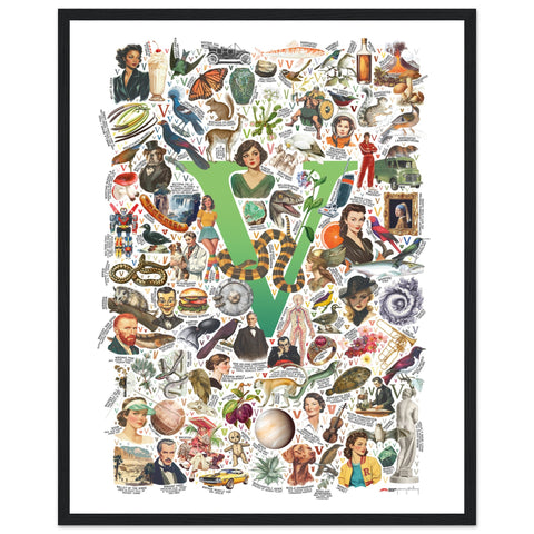 "V is for Voyage" — a Renard Roux alphabet poster with English V words (green version)