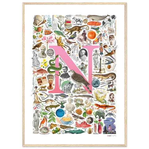 "N is for Nature" — a Renard Roux alphabet poster with English N words (pink version)