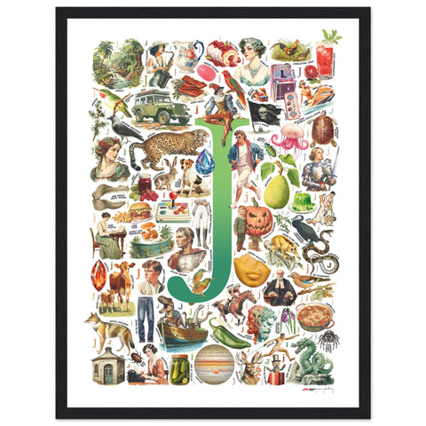 "J is for Journey" — a Renard Roux alphabet poster with English J words (green version)