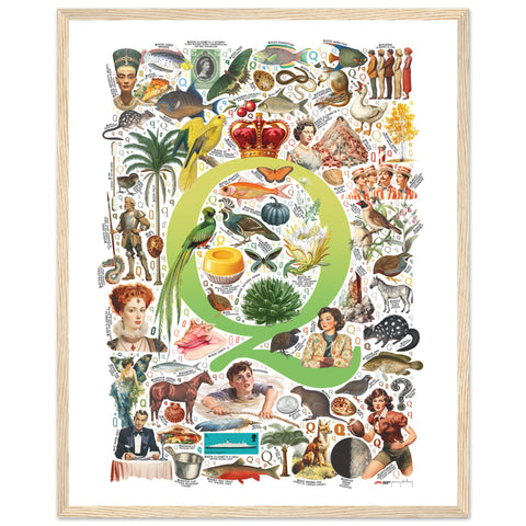 "Q is for Quest" — a Renard Roux alphabet poster with English Q words (chartreuse version)