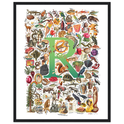 "R is for Remarkable" — a Renard Roux alphabet poster with English R words (green version)