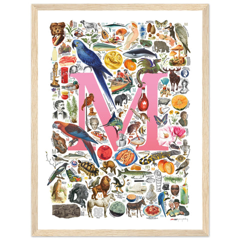 "M is for Magical" — a Renard Roux alphabet poster with English M words (pink version)