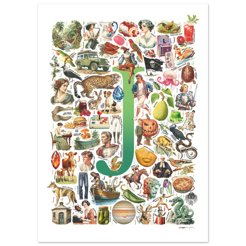"J is for Journey" — a Renard Roux alphabet poster with English J words (green version)