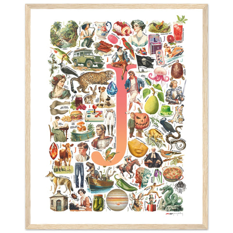 "J is for Journey" — a Renard Roux alphabet poster with English J words (red version)
