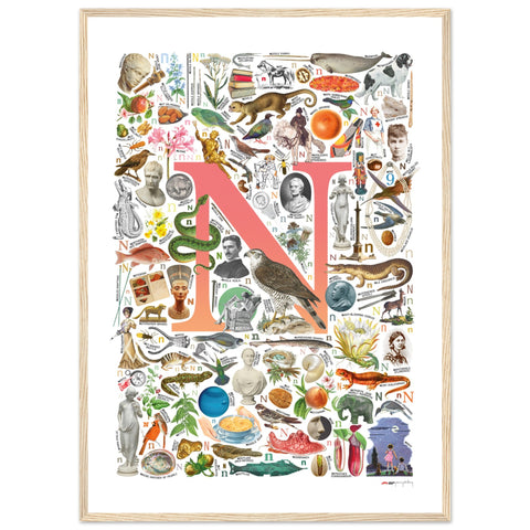 "N is for Nature" — a Renard Roux alphabet poster with English N words (red version)