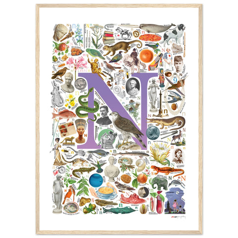 "N is for Nature" — a Renard Roux alphabet poster with English N words (purple version)