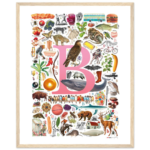 "B is for Brave" — a Renard Roux alphabet poster with English B words (pink version)