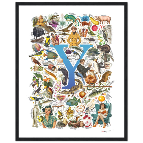 "Y is for Yonder" — a Renard Roux alphabet poster with English Y words (blue version)