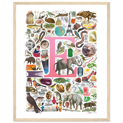 "E is for Explore" — a Renard Roux alphabet poster with English E words (pink version)