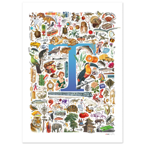 "T is for Treasure" — a Renard Roux alphabet poster with English T words (blue version)