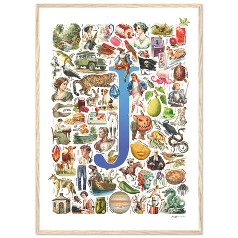 "J is for Journey" — a Renard Roux alphabet poster with English J words (blue version)