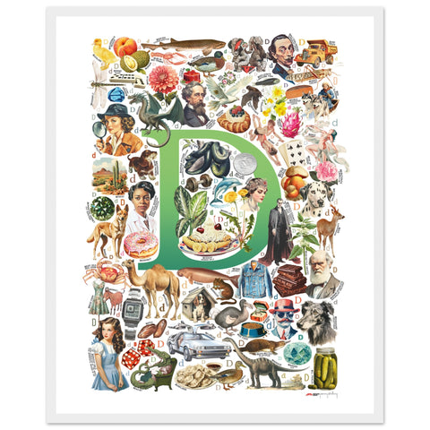 "D is for Discovery" — a Renard Roux alphabet poster with English D words (green version)