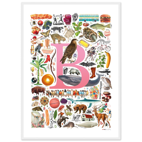 "B is for Brave" — a Renard Roux alphabet poster with English B words (pink version)