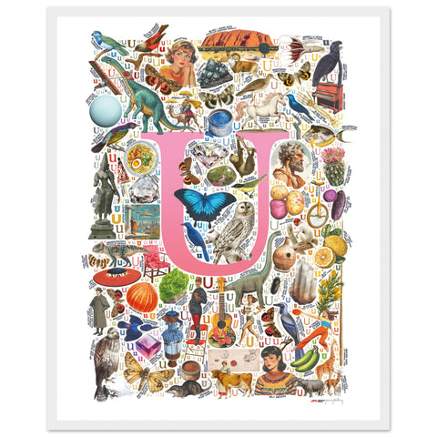 "U is for Unique" — a Renard Roux alphabet poster with English U words (pink version)