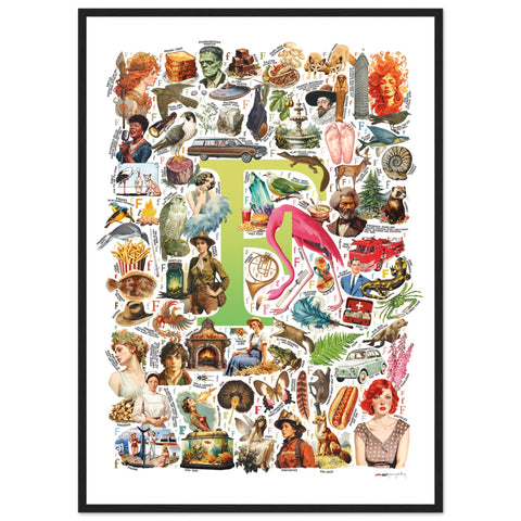 "F is for Festive" — a Renard Roux alphabet poster with English F words (chartreuse version)
