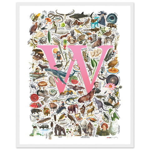 "W is for Wonder" — a Renard Roux alphabet poster with English W words (pink version)