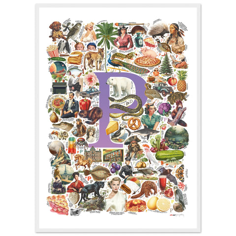 "P is for Pioneer" — a Renard Roux alphabet poster with English P words (purple version)