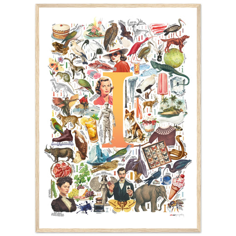 "I is for Imagination" — a Renard Roux alphabet poster with English I words (yellow version)