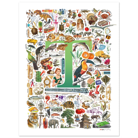 "T is for Treasure" — a Renard Roux alphabet poster with English T words (green version)