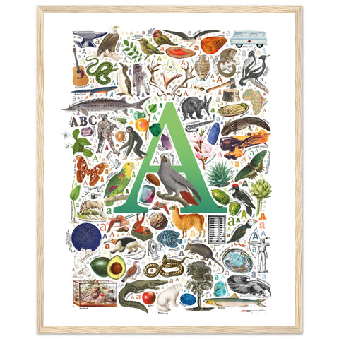 "A is for Adventure" — a Renard Roux alphabet poster with English A words (green version)