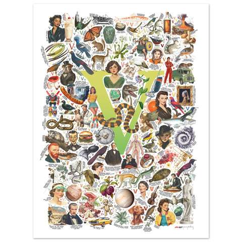 "V is for Voyage" — a Renard Roux alphabet poster with English V words (chartreuse version)